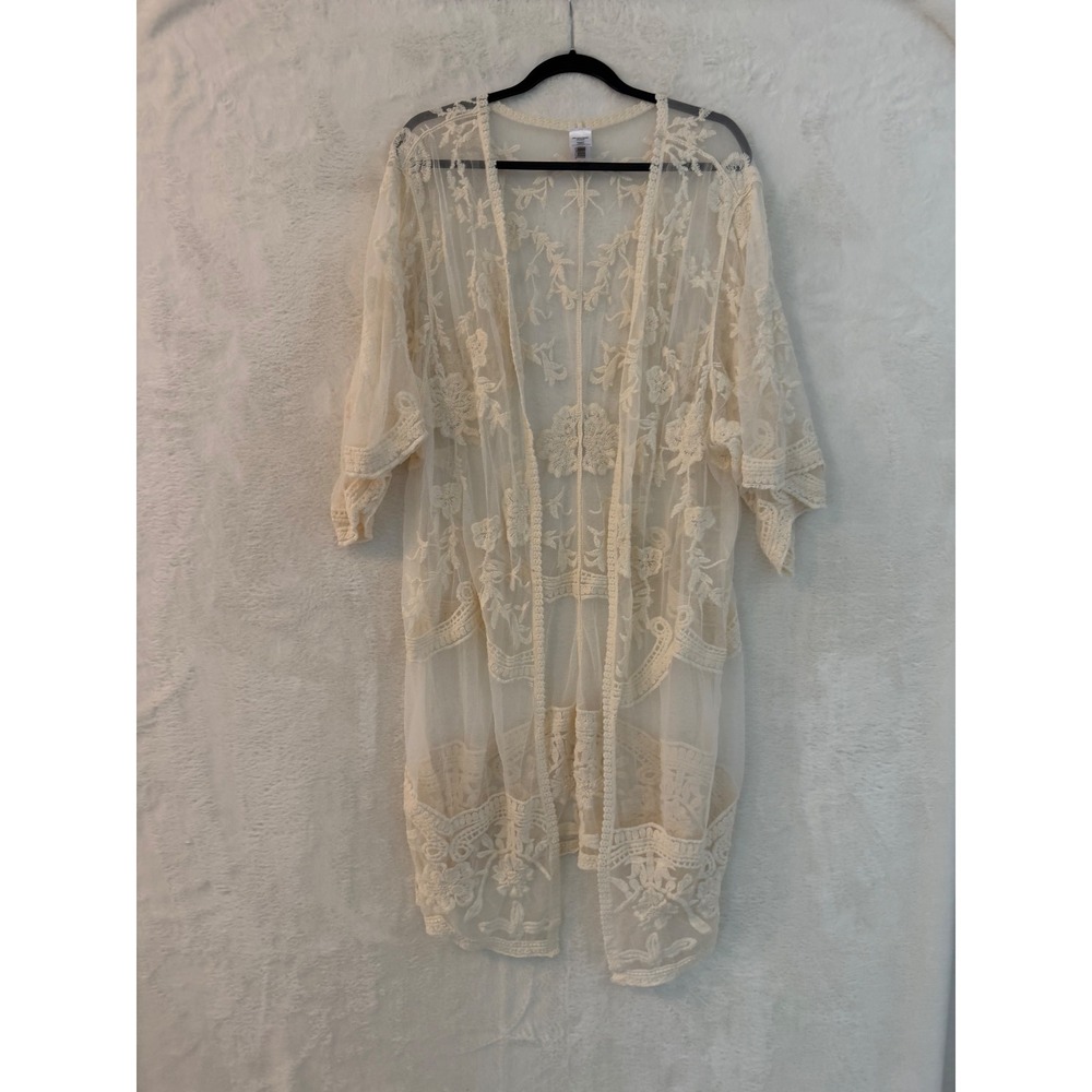 Cream Floral Embroidered Mesh Kimono Open Front Cardigan XXL-XXXL TT201330